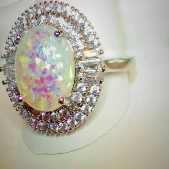 Oval Opal Cocktail Ring With Imitation Rhodium & CZ Halo size 7 - Picture 3 of 6